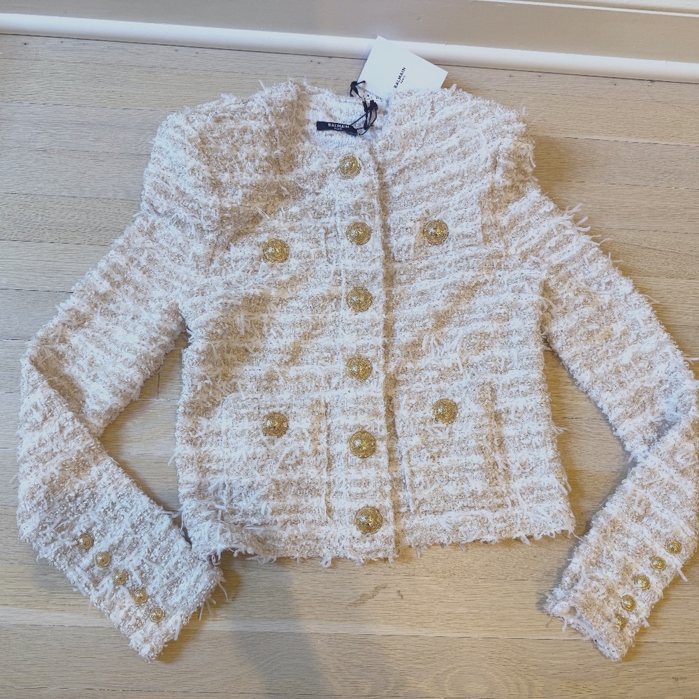 NWT BALMAIN White Gold Tweed Cropped Jacket Blazer 38 FR/ 4 US - Picture 4 of 7